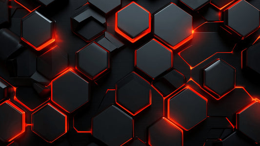 Papier Peint Géométrique Hexagones Noirs avec Contours Lumineux Rouge