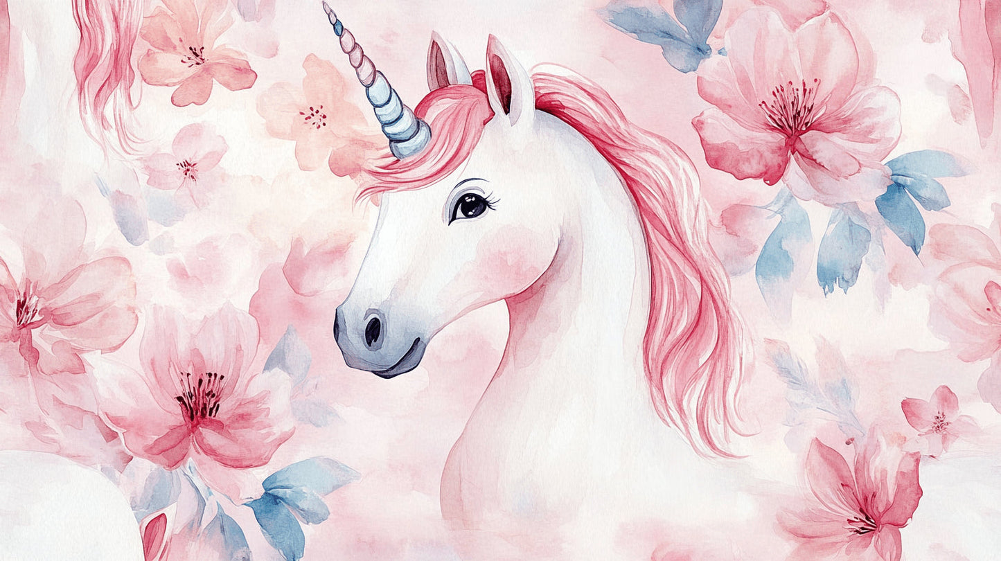 Papier Peint Licorne Aquarelle Florale Rose et Féérique