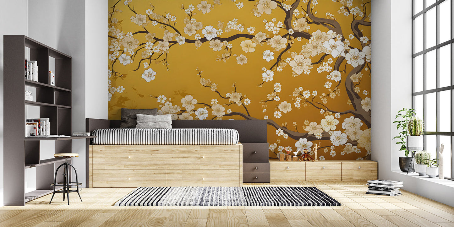 Papier Peint Japonais Fleurs de Cerisier sur Fond Doré Example de Design 4