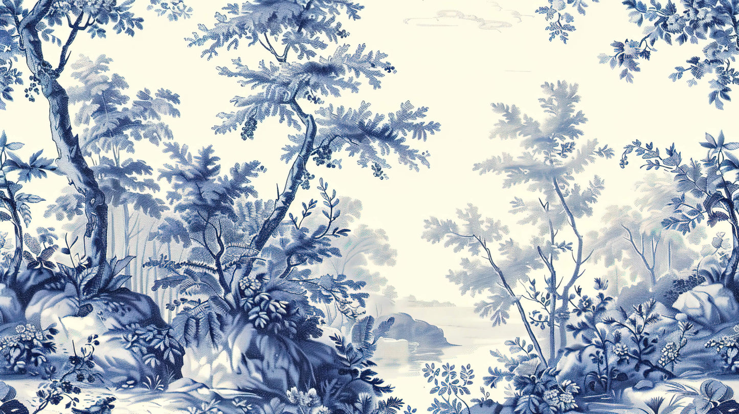 Papier Peint Toile de Jouy Arbre Délicat Bleu sur Fond Crème