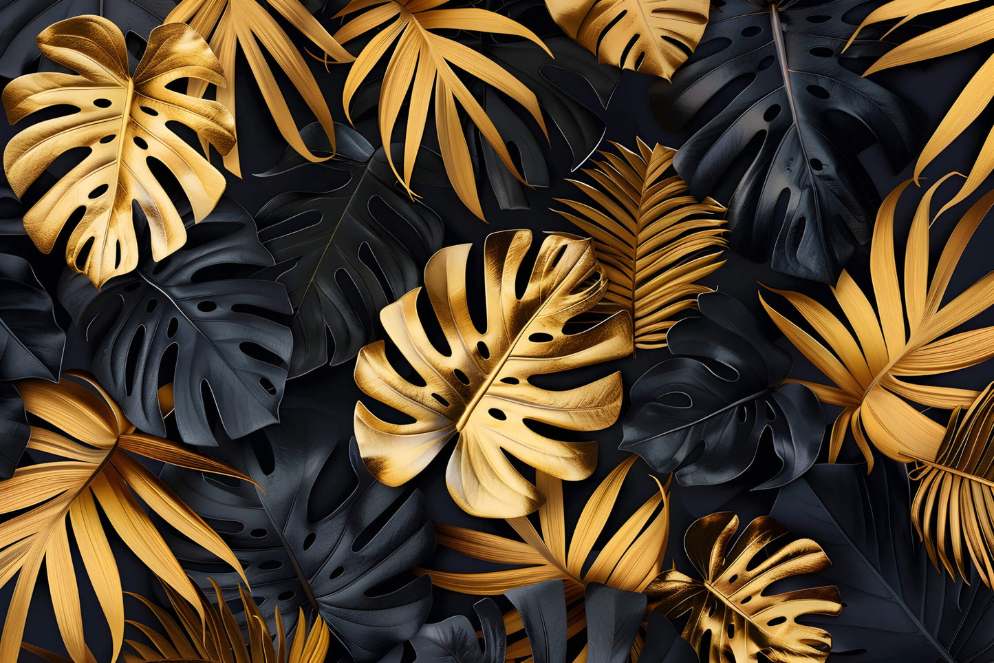 Papier Peint Tropical Feuilles de Monstera Noir et Or