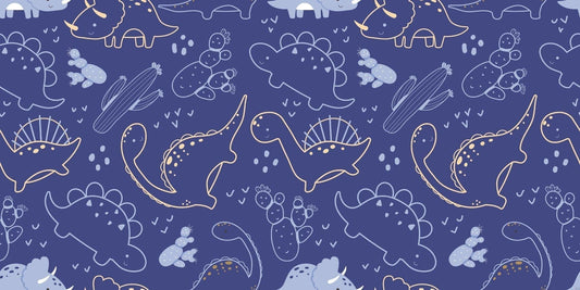 Papier Peint Dinosaure Motif Ligne Art Bleu Marine et Doré