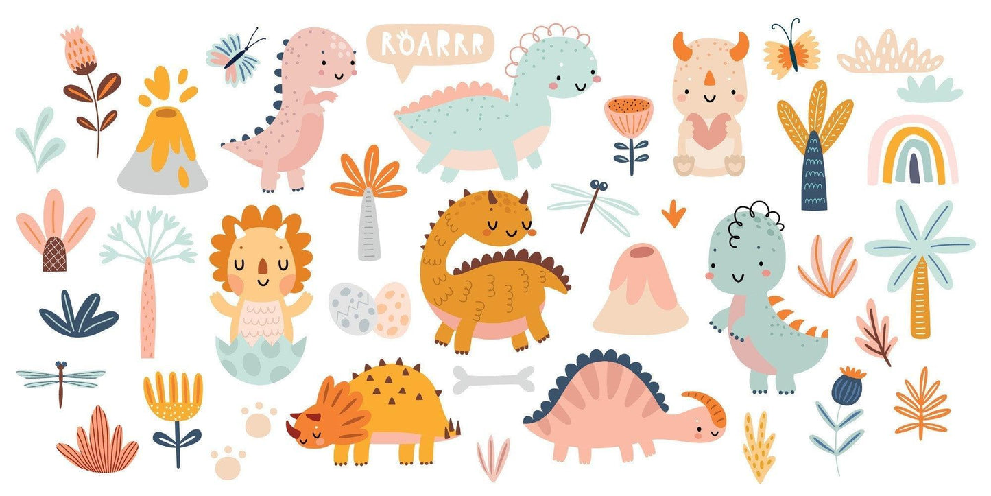 Papier Peint Dinosaure Fresque Pastel avec Motifs Nature