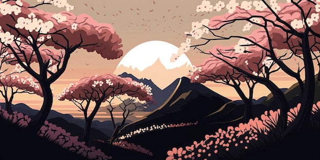 Papier Peint Japonais Cerisiers en Fleurs et Mont Enneigé au Coucher du Soleil