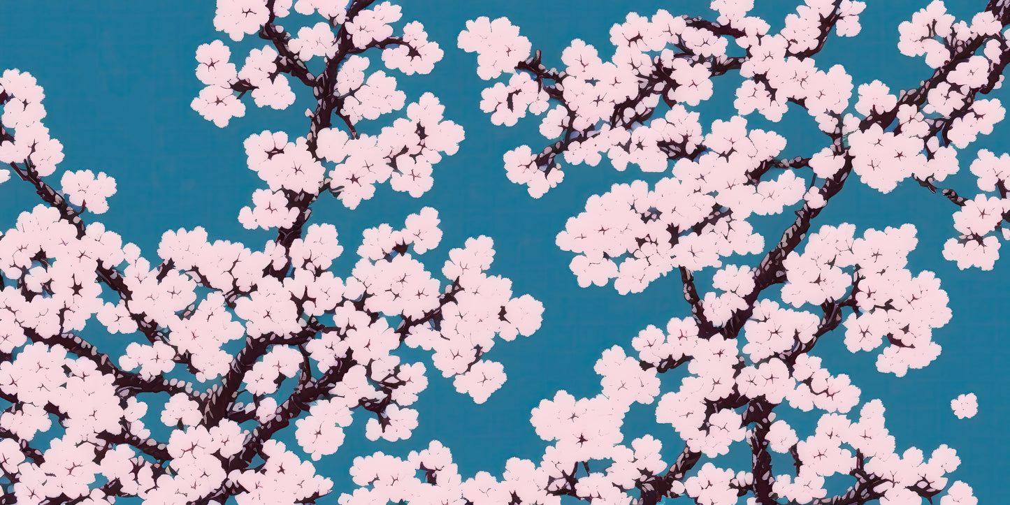 Papier Peint Japonais Fleurs de Cerisier sur Fond Bleu Canard