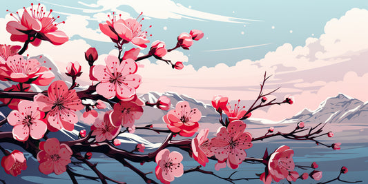 Papier Peint Japonais Fleurs de Cerisier et Montagnes Enneigées