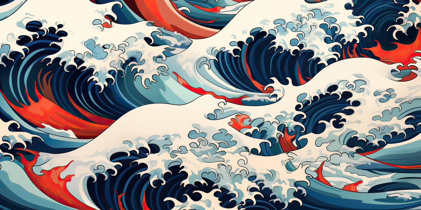 Papier Peint Japonais Vagues Dynamiques Bleu Marine et Rouge