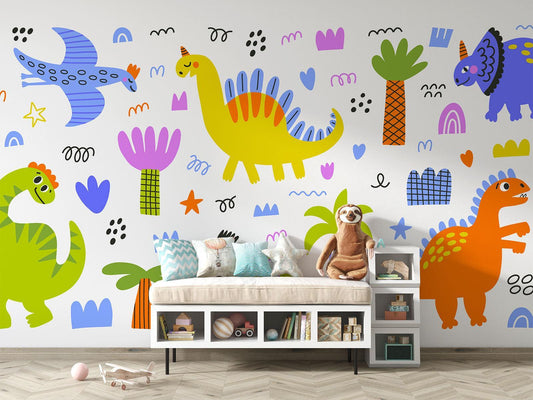 Papier Peint Dinosaure Décor Ludique et Coloré pour Enfants Autocollant