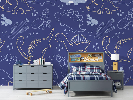 Papier Peint Dinosaure Motif Ligne Art Bleu Marine et Doré Autocollant