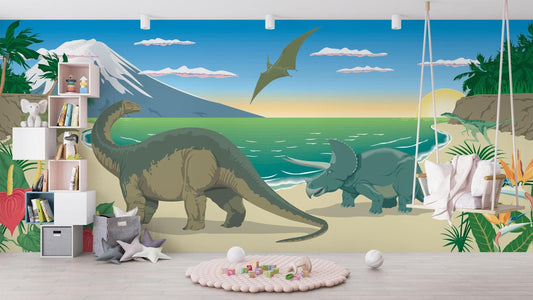 Papier Peint Dinosaure Paysage Préhistorique avec Montagnes et Océan Autocollant
