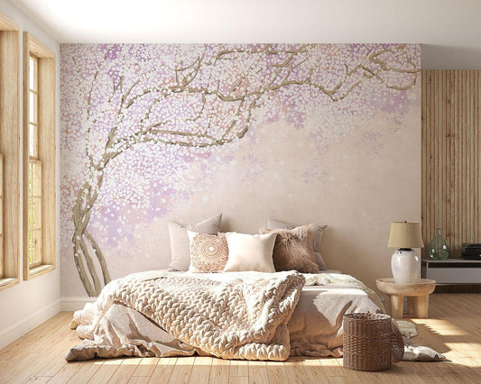 Papier Peint Cerisier Japonais Branches de Sakura Rose et Lavande Autocollant