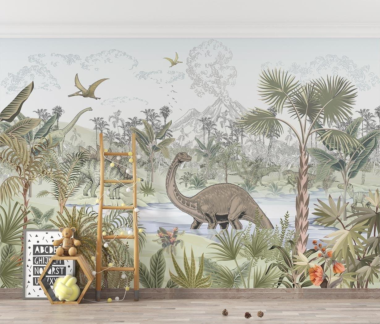 Papier Peint Dinosaure Scène Préhistorique Tropicale avec Volcans Autocollant