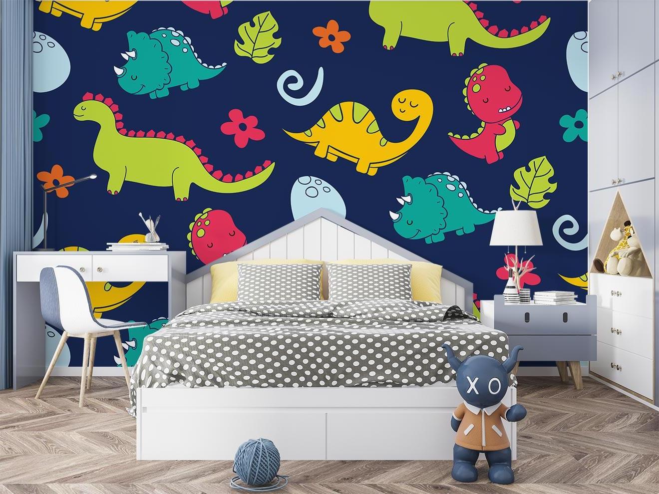 Papier Peint Dinosaure Motifs Colorés sur Fond Bleu Marine Autocollant