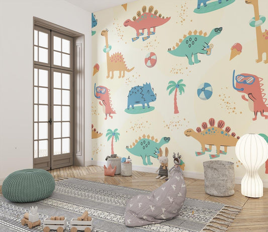 Papier Peint Dinosaure Aventure Estivale et Palmiers Tropicaux Autocollant