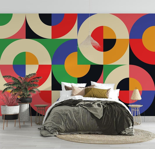 Papier Peint Géométrique Cercles Bauhaus Multicolores Autocollant