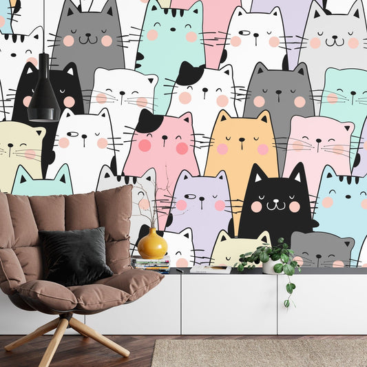 Papier Peint Chats Design Kawaii Pastel avec Minois Mignons Autocollant