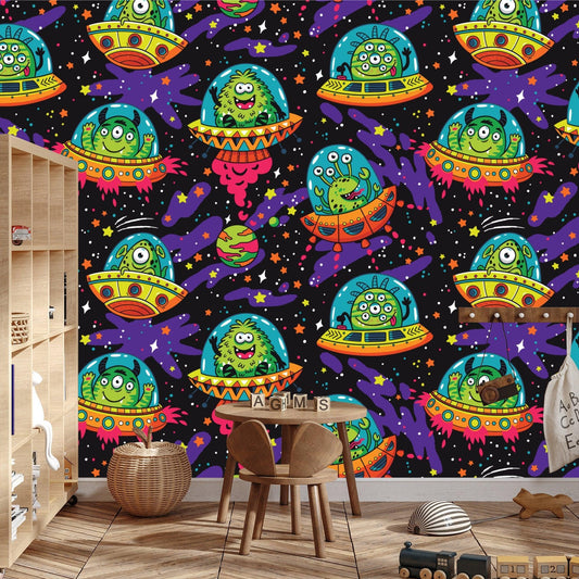 Papier Peint Espace Aliens et OVNI Colorés dans la Galaxie Autocollant
