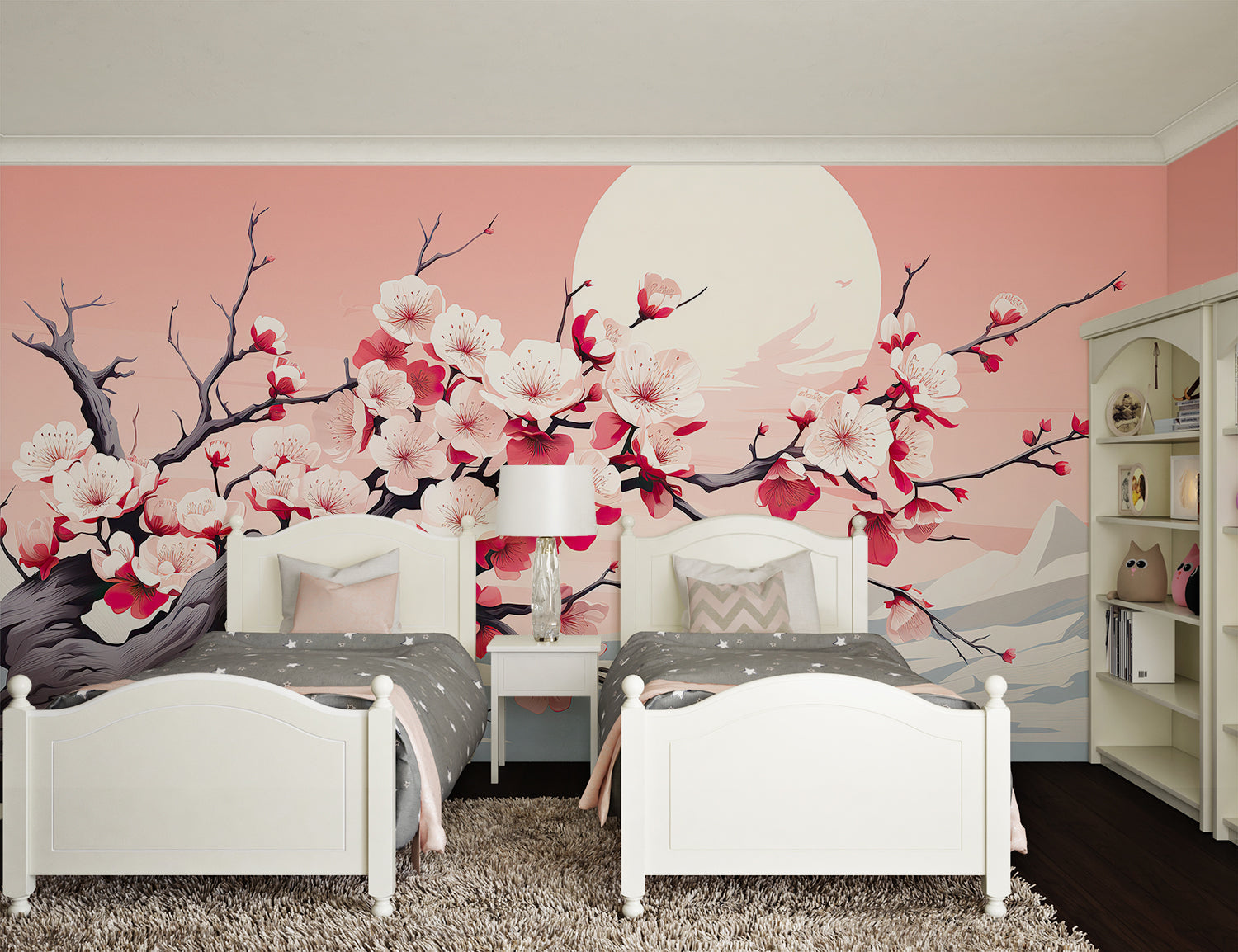 Papier Peint Japonais Cerisiers en Fleurs et Pleine Lune Rose Autocollant