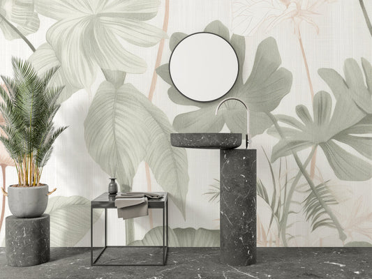 Papier Peint Feuillage Monstera et Palmiers Tons Vert Sauge Autocollant