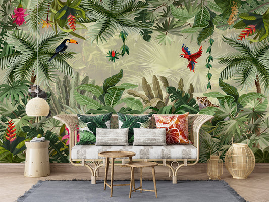 Papier Peint Jungle Tropicale Oiseaux Exotiques et Fleurs Sauvages Autocollant