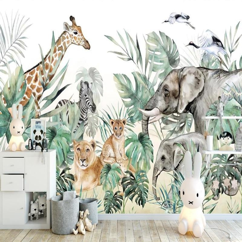 Papier Peint Safari Fresque Aquarelle Animaux et Feuillages Tropicaux Autocollant