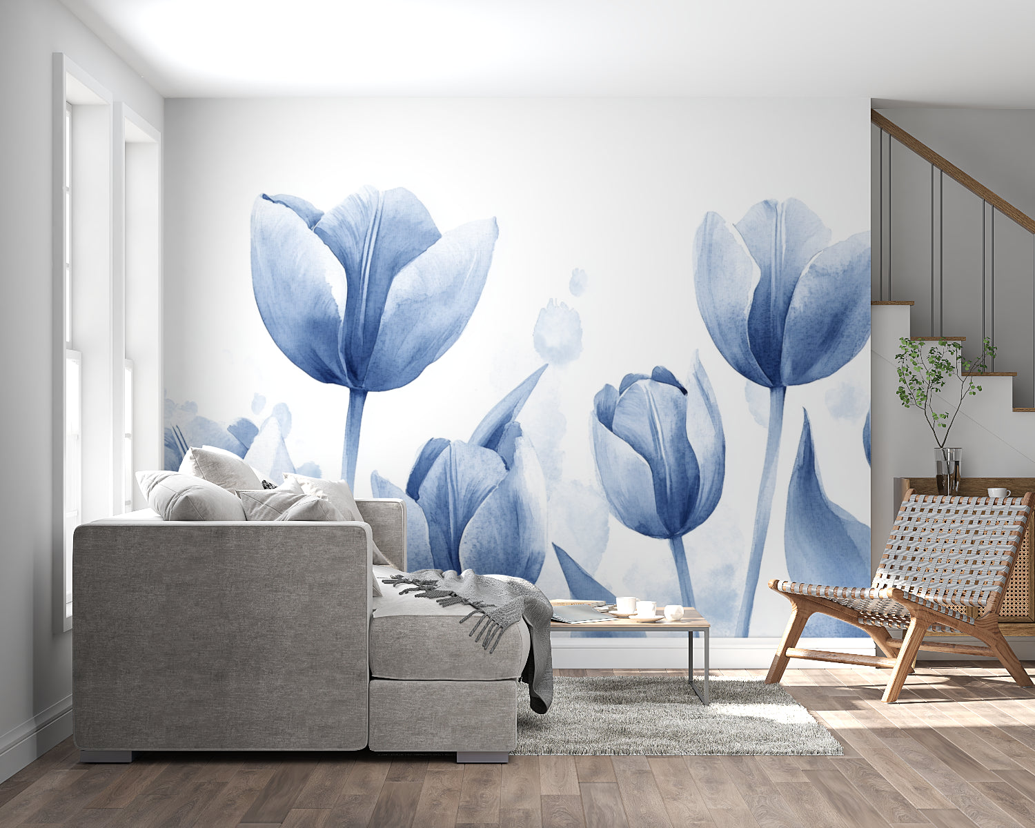 Papier Peint Tulipes Aquarelle Florale Bleu Azur Autocollant