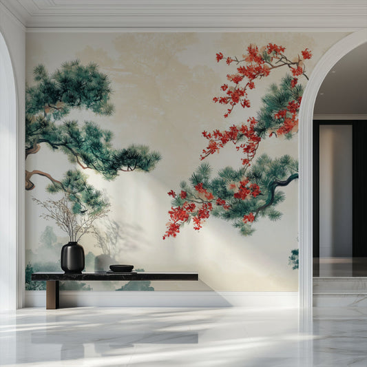 Papier Peint Japonais Pin et Cerisier en Fleurs Style Asiatique Autocollant