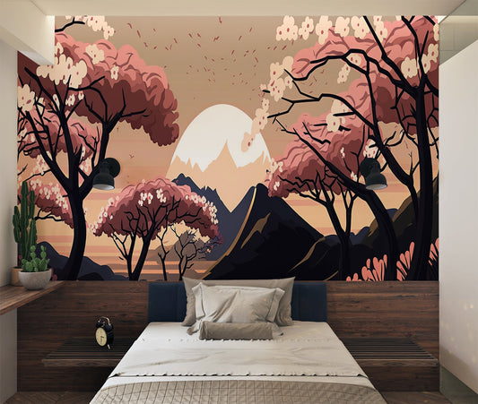 Papier Peint Japonais Cerisiers en Fleurs et Mont Enneigé au Coucher du Soleil Autocollant