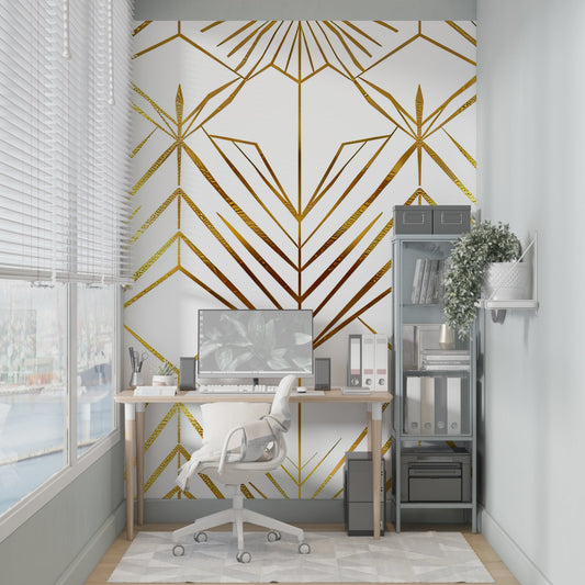 Papier Peint Art Déco Motif Géométrique Doré sur Fond Blanc Autocollant