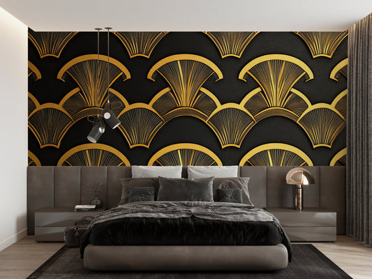 Papier Peint Art Déco Motif Éventail Noir et Doré Autocollant