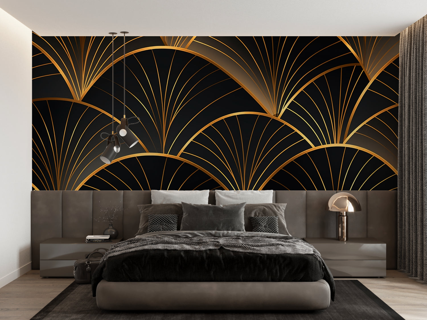 Papier Peint Art Déco Motif Éventail Noir et Doré Autocollant