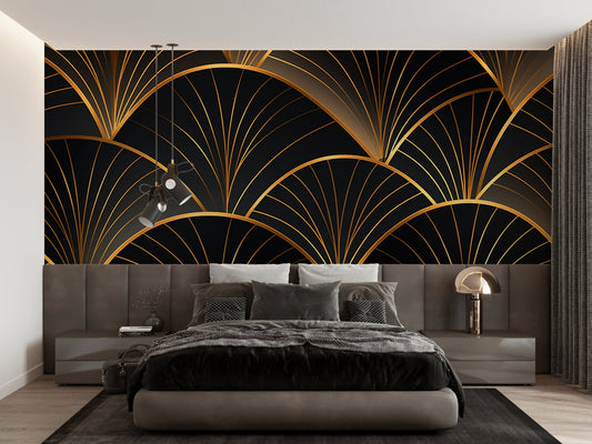 Papier Peint Art Déco Motif Éventail Noir et Doré Autocollant