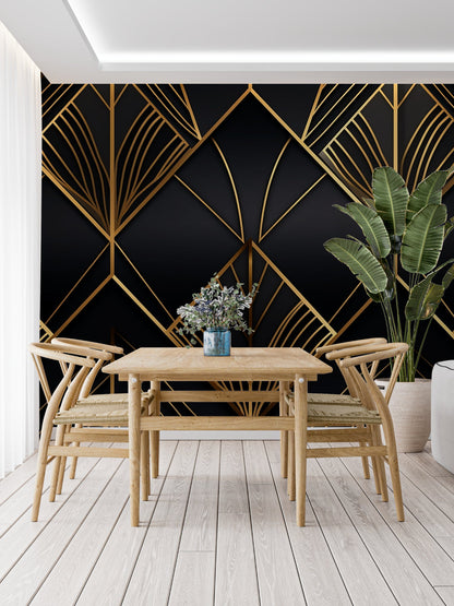 Papier Peint Art Déco Motif Géométrique Noir et Doré Autocollant