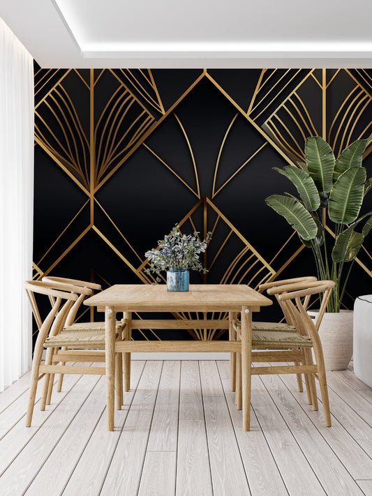 Papier Peint Art Déco Motif Géométrique Noir et Doré Autocollant