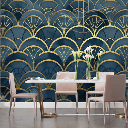 Papier Peint Art Déco Motif Éventail Doré sur Bleu Profond Autocollant