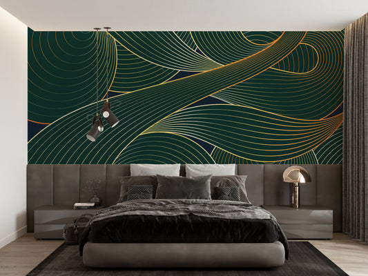 Papier Peint Art Déco Motif Vagues Émeraude et Or Autocollant