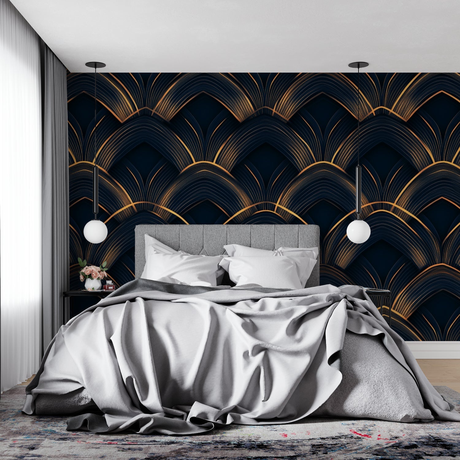 Papier Peint Art Déco Motif Éventail Géométrique Noir et Or Autocollant