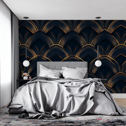 Papier Peint Art Déco Motif Éventail Géométrique Noir et Or Autocollant