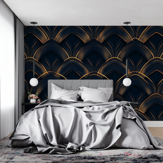 Papier Peint Art Déco Motif Éventail Géométrique Noir et Or Autocollant