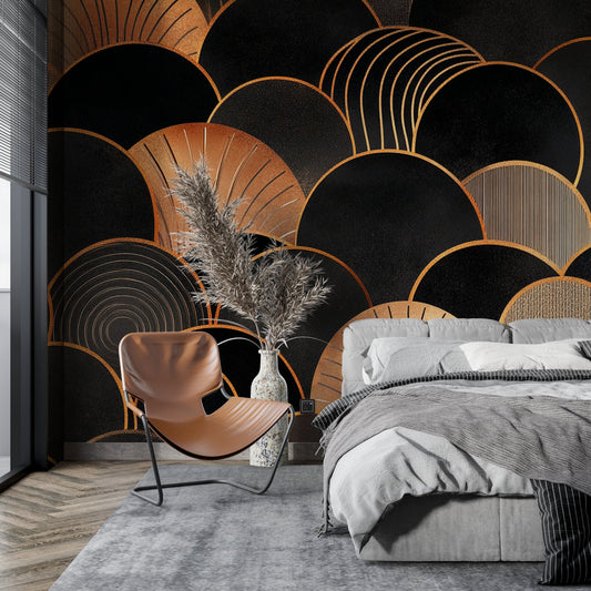 Papier Peint Art Déco Arches Géométriques Noir et Doré Autocollant