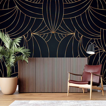Papier Peint Art Déco Motif Géométrique Noir et Doré Autocollant
