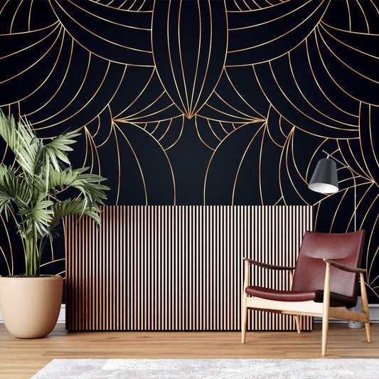 Papier Peint Art Déco Motif Géométrique Noir et Doré Autocollant