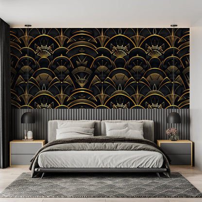 Papier Peint Art Déco Motif Géométrique Noir et Doré Autocollant