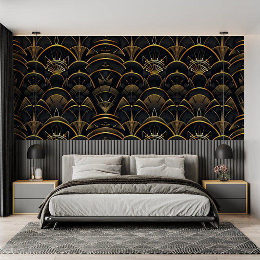 Papier Peint Art Déco Motif Géométrique Noir et Doré Autocollant