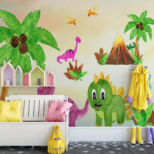 Papier Peint Dinosaure Monde Préhistorique Aquarelle et Palmiers Autocollant