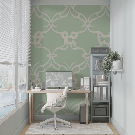 Papier Peint Art Déco Motif Géométrique Vert Sauge et Beige Autocollant