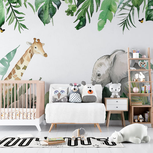 Papier Peint Safari Animaux de la Jungle et Feuillage Aquarelle Autocollant