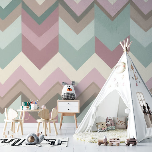 Papier Peint Géométrique Chevrons Pastel Rose et Vert Sauge Autocollant