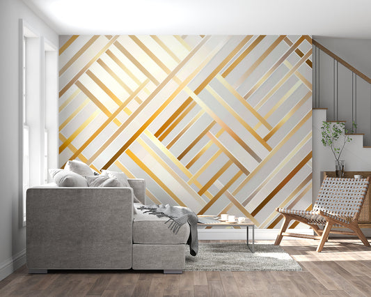 Papier Peint Géométrique Lignes Art Déco Blanc et Doré Autocollant
