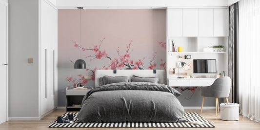 Papier Peint Cerisier Japonais Fleurs de Sakura sur Dégradé Gris Autocollant